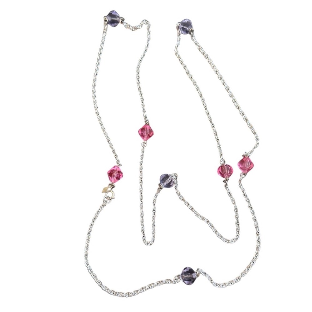 Sarah Coventry Vintage 54" Pink Purple Bead Station Necklace Silver Tone Chain